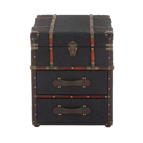 Litton Lane 18 in. Blue Upholstered 2 Drawer Large Rectangle Wood End Table with Buckle Hinged Top