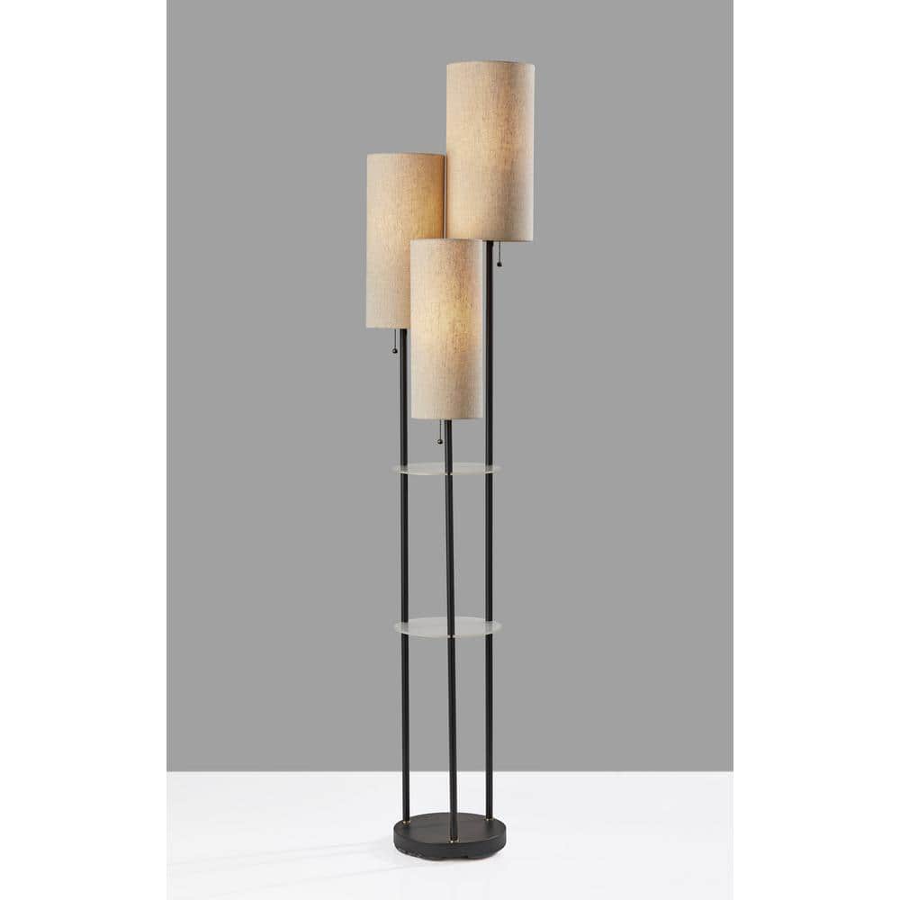 Elegant Trio Shelf 68" Black and Antique Brass Floor Lamp with Storage