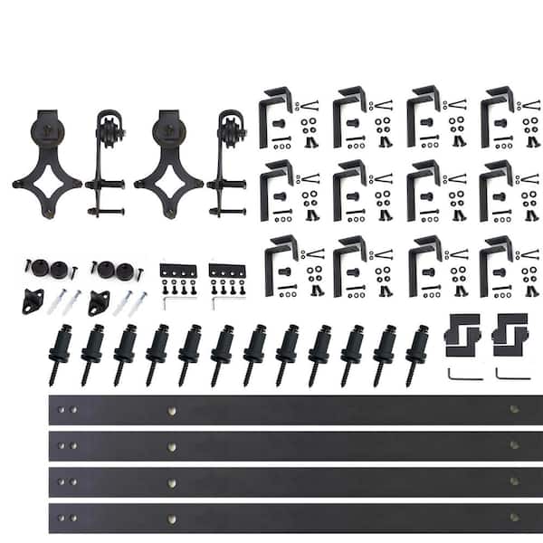 HOMACER 16 ft./192 in. Black Rustic Double Track Bypass U-Shape Sliding Barn Door Hardware Kit - Diamond Design Roller