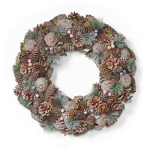 18.5 in. Natural Brown and White Glitter Unlit Artificial Christmas Wreath with Pine Cones