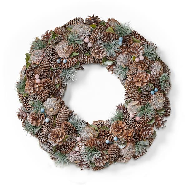 Noble House 18.5 in. Natural Brown and White Glitter Unlit Artificial Christmas Wreath with Pine Cones