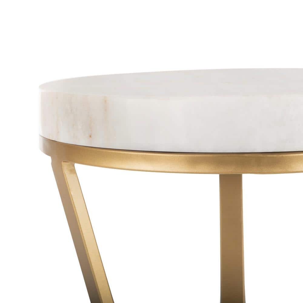 Transitional 14" Round Stone and Metal Accent Table in Gold/White