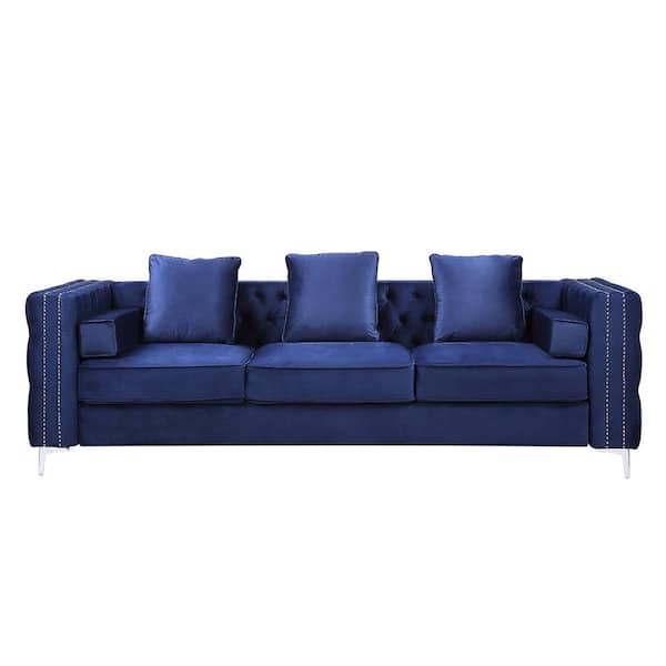 Acme Furniture Bovasis 31 in. W Square Arm Velvet Tuxedo Straight with 5 Pillows Sofa in Blue