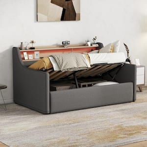 Gray Twin Size PU Upholstered Daybed with Hydraulic Lift Up Storage, USB Charging, LED Lights, Shelves, Nailhead Trim