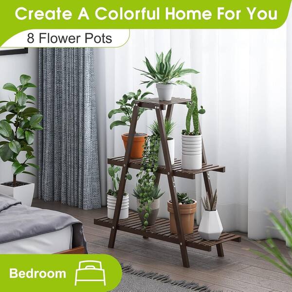 Cubilan 3-Tier Bamboo Plant Stand for Indoor Outdoor, Ladder Shelf for 8-Pots, Garden Balcony Living Room Patio Decor, Brown