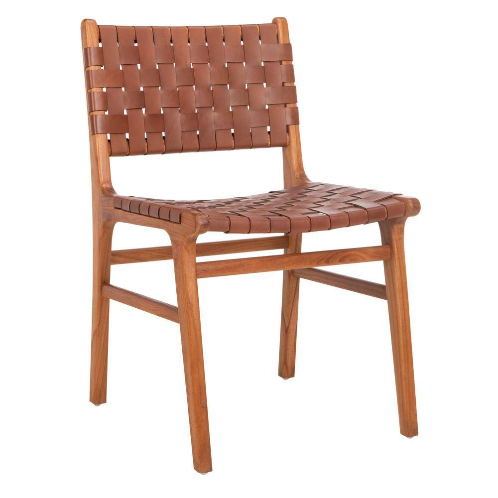 Cognac and Natural Woven Leather Side Chairs, Set of 2