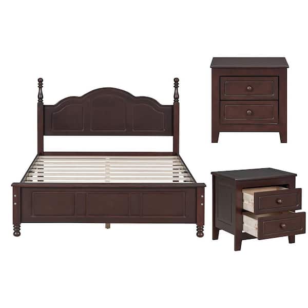 3-Piece Walnut Wood Full Bedroom Sets Full Size Platform Bed with Headboard, Wood Slats 2-Drawer Nightstands Set of 2
