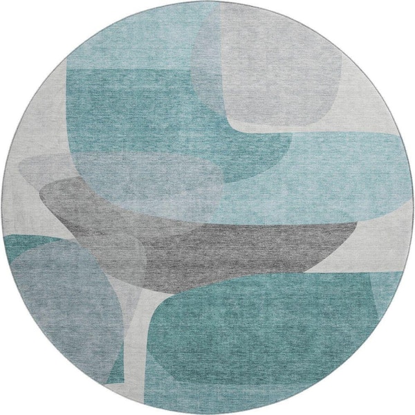 Mayfield Premium Machine Washable Abstract AMF2121 Teal 8 ft. x 8 ft. Round Rug