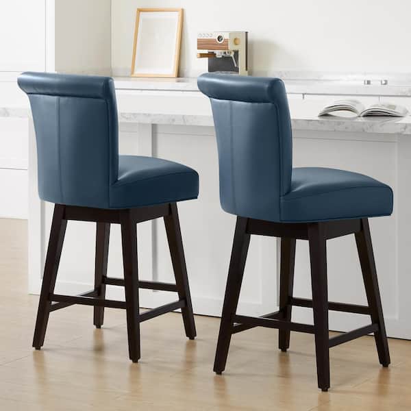 Dennis 26 in. Dark Blue High Back Solid Wood Frame Swivel Counter Height Bar Stool with Faux Leather Seat(Set of 2)