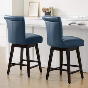Dennis 26 in. Dark Blue High Back Solid Wood Frame Swivel Counter Height Bar Stool with Faux Leather Seat(Set of 2)