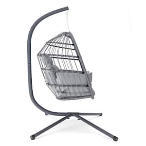 Foldable 1-Person Black Metal Patio Swing with Stand and Grey Cushion