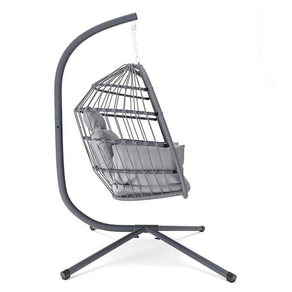 Cesicia Foldable 1-Person Black Metal Patio Swing with Stand and Grey Cushion