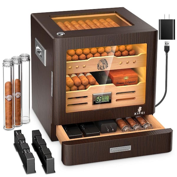 Wood Cigar Humidor Cabinet, Glass Top Digital Hygrometer, 2 Humidifiers, Cigar Tube, Cedar Humidor for 80-100 Cigar