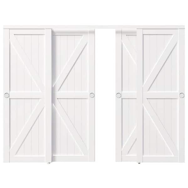 120 in. x 80 in. K-Shape MDF Sliding Door with Hardware Track Kit and Floor Guide& Handle, Pre-Drilled, White