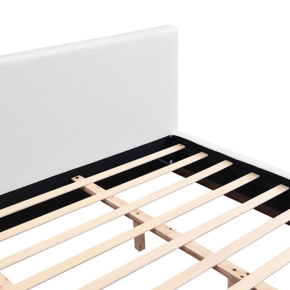 Penn White Boucle Fabric Upholstered Solid Wood Frame Queen Size Platform Bed with Headboard - thumbnail 6