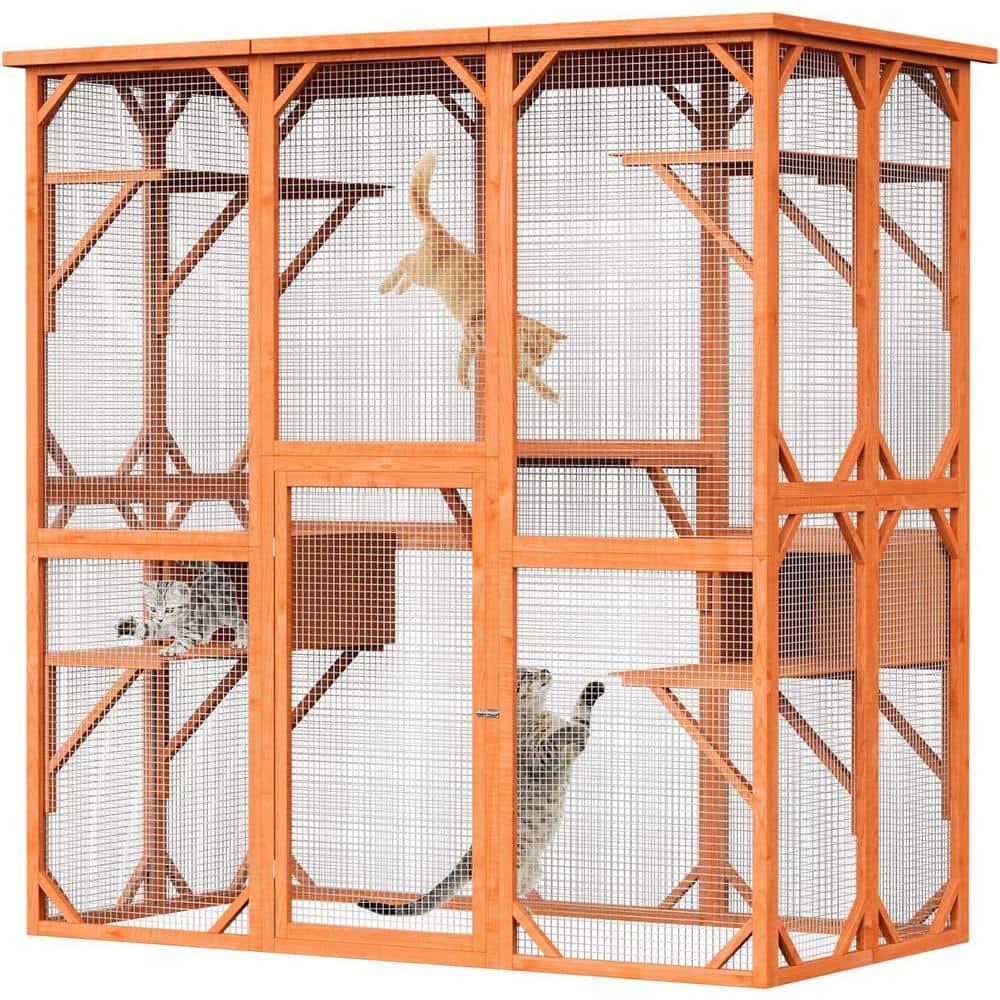 WIAWG Large Outdoor Cat House, Weatherproof 71 in. Wooden Cats Catio Cat  Cage Enclosur with 7 Platform and 2 Resting Box, Wood YLM-KF150142-0102 -  The