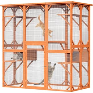 Large Outdoor Cat House, Weatherproof 71 in. Wooden Cats Catio Cat Cage Enclosur with 7 Platform and 2 Resting Box, Wood