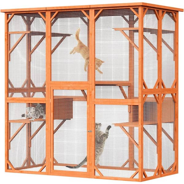 FUFU&GAGA Large Outdoor Cat House, Weatherproof 71 in. Wooden Cats Catio Cat Cage Enclosur with 7 Platform and 2 Resting Box, Wood