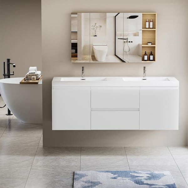 Surf 57 in. W x 20 in. D x 21.5 in. H Bathroom Vanity in Natural Oak with White Acrylic Top with White Sink