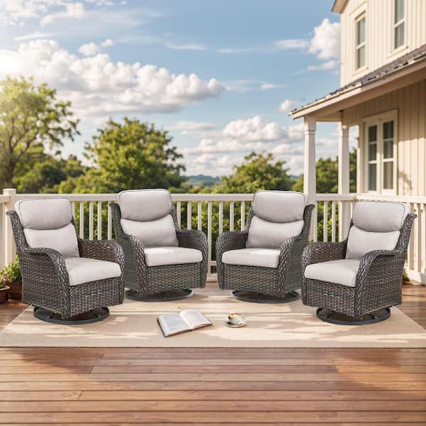 Smiley 4-Piece Brown Wicker Outdoor Swivel Glider Patio Rocking Chair with 5 in. Thick Beige Cushions and Deep Seating