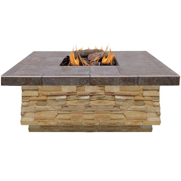 Cal Flame 48 in. Natural Stone Propane Gas Fire Pit in Brown with Log Set and Lava Rocks