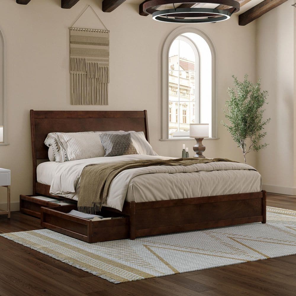 Casanova Queen Dark Walnut Wood Platform Bed with Storage Drawers