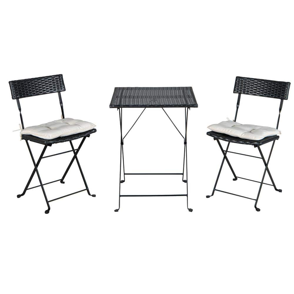 Black 3-Piece PE Wicker Patio Folding Outdoor Bistro Set with 2 Chairs ...