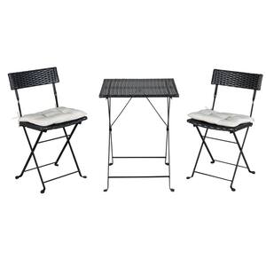 Black 3-Piece PE Wicker Patio Folding Outdoor Bistro Set with 2 Chairs And 2 White Cushion