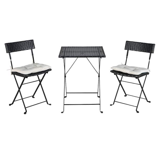 Unbranded Black 3-Piece PE Wicker Patio Folding Outdoor Bistro Set with 2 Chairs And 2 White Cushion