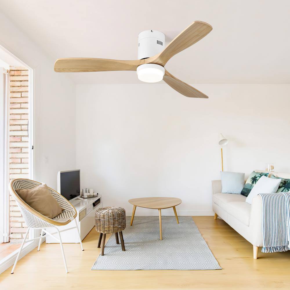 52'' White Modern Ceiling Fan with Light and Wood Blades