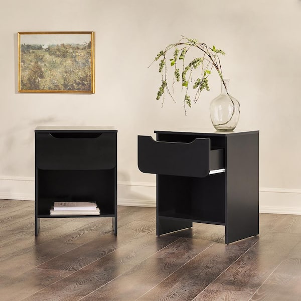 1-Drawer Black Modern Nightstand with Cubby, Set of 2