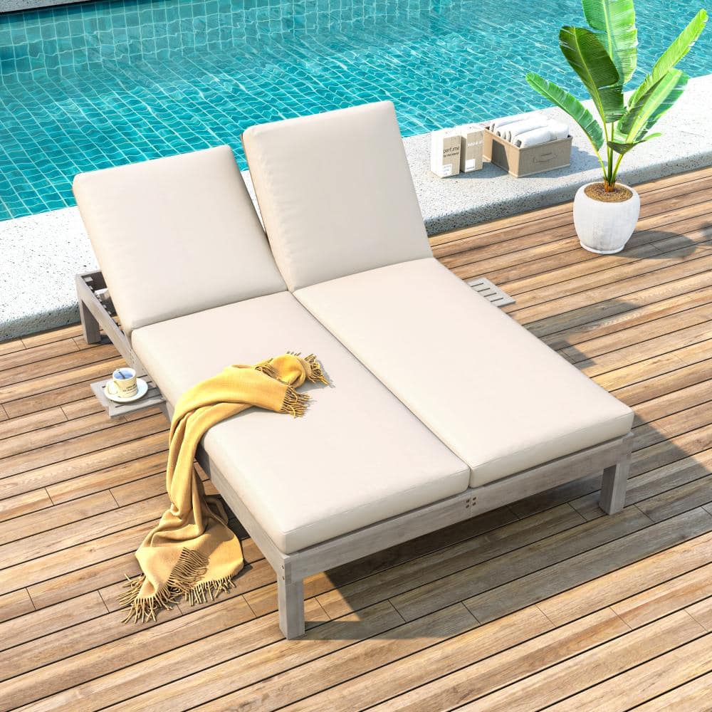 Gray Acacia Wood Outdoor Chaise Lounge with Beige Cushions and 5-Position Backrest price history on PriceWatchPro