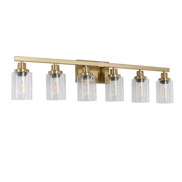 Jushua Golden 36.8 in. 6-Light Vanity Light with Clear Glass Shades, Modern Iron Metal Bathroom Wall Fixture (No Bulbs)