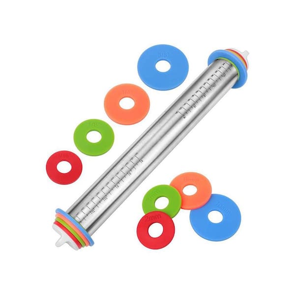 17 Inch Stainless Steel Silver Adjustable Rolling Pin with Removable Thickness Rings for Baking Pastry Cookies