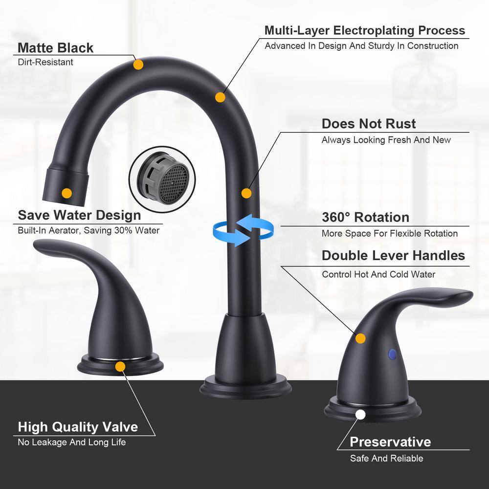 Matte Black Double Handle Widespread Bathroom Faucet with High Arc Spout