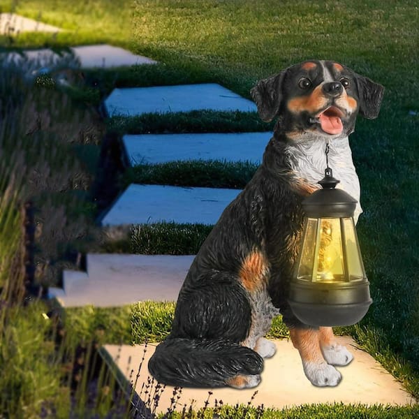 8 in. x 12 in. Black Resin Dog Garden Statue with Solar Lantern
