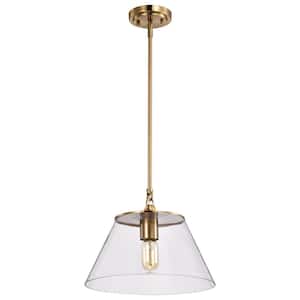 Dover 60-Watt 1-Light Vintage Brass Shaded Medium Pendant Light with Clear Glass Shade and No Bulbs Included