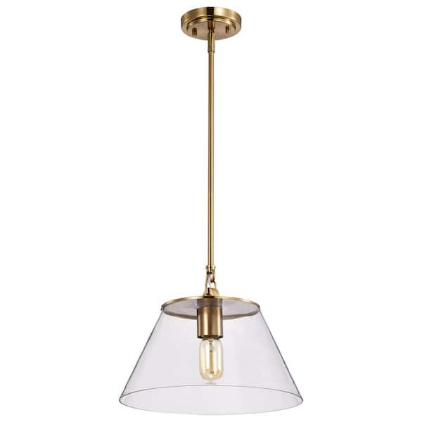 SATCO Dover 60-Watt 1-Light Vintage Brass Shaded Medium Pendant Light with Clear Glass Shade and No Bulbs Included