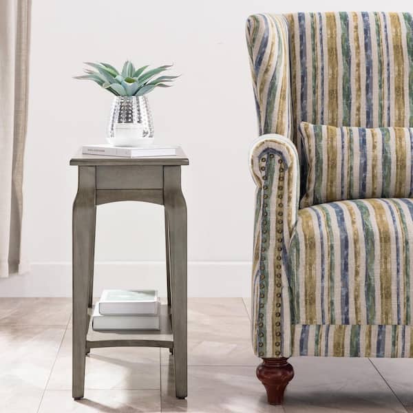 Stratus 12 in. Smoke Gray Rectangle Solid Wood Narrow Chairside Table with Shelf