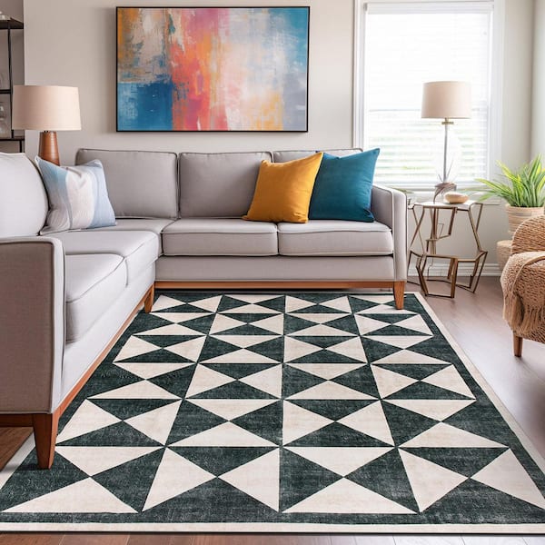 Geometric Diamond Washable Non Slip Cream 3 ft. x 5 ft. Area Rug