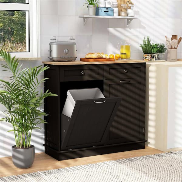 Costway Coffee MDF 39.5 in. Wooden Kitchen Sideboard Trash Cabinet Tilt Out Bin Holder with Drawer and Storage Shelf