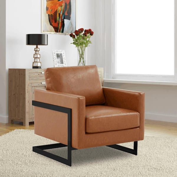 Leisuremod Leather Single-Seater Sofa Accent Arm Chair in Stainless Steel with Removable Cushions Lincoln Series in Brown
