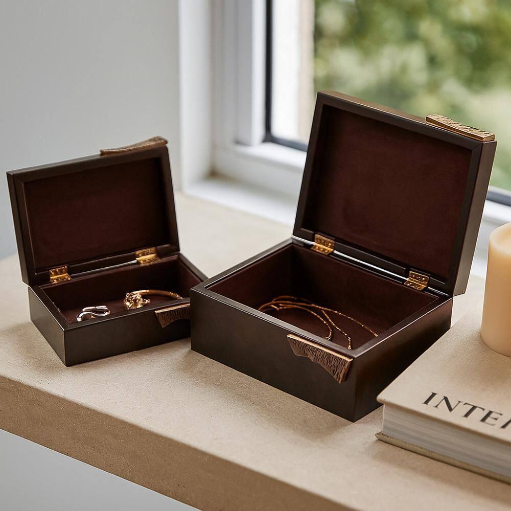 Gray 9 in. and 11 in. Wood Faux Leather Decorative Rectangular Storage Boxes with Lid (Set of 2)