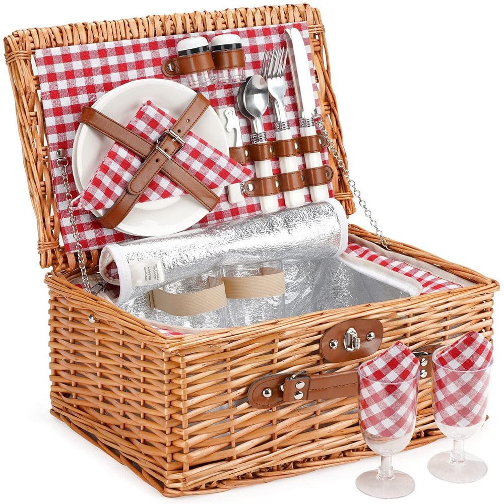 Numhew Classical Red Check Wicker Picnic Basket for 2 Person, Willow ...
