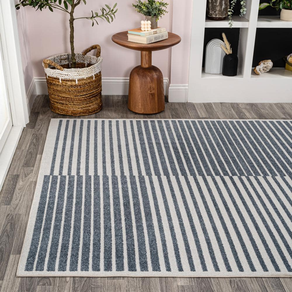 Gray and Cream Striped Washable 8' x 10' Area Rug
