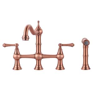 Double Handles Bridge Kitchen Faucet with Side Sprayer in Copper