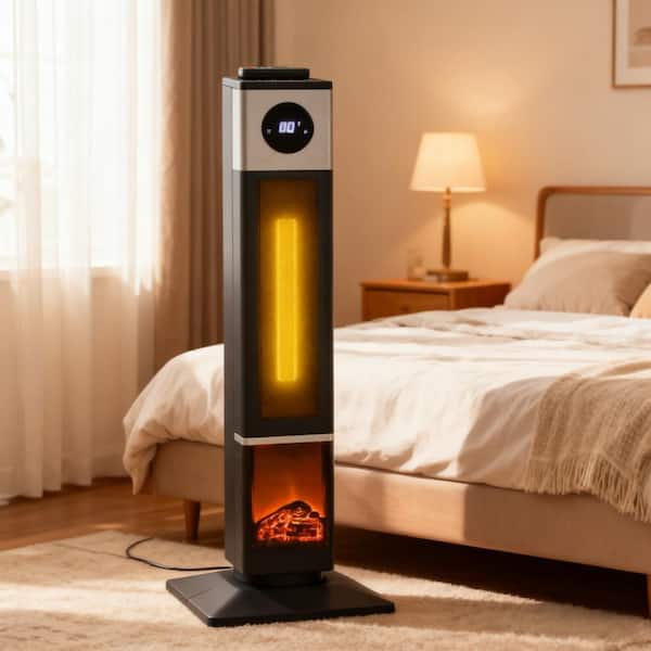 1400-Watt 30.7 in. Freestanding Electric Panel Radiant Infrared Space Heater with 3D Flame, Oscillation, Remote, Black