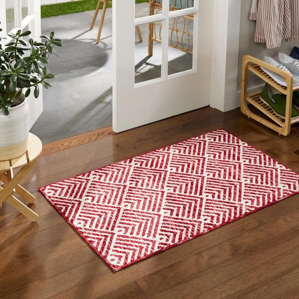 Everyday Walker Modern Stripe Red 24 in. x 40 in. Machine Washable Kitchen Mat