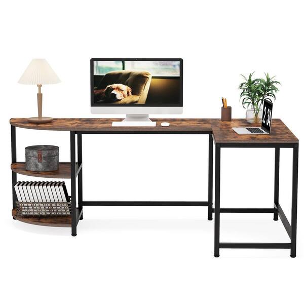 Tribesigns Way to Origin Perry 69 in. Brown Reversible Large Corner L Shaped Computer Writing Desk Monitor Stand Storage Shelf Home Office