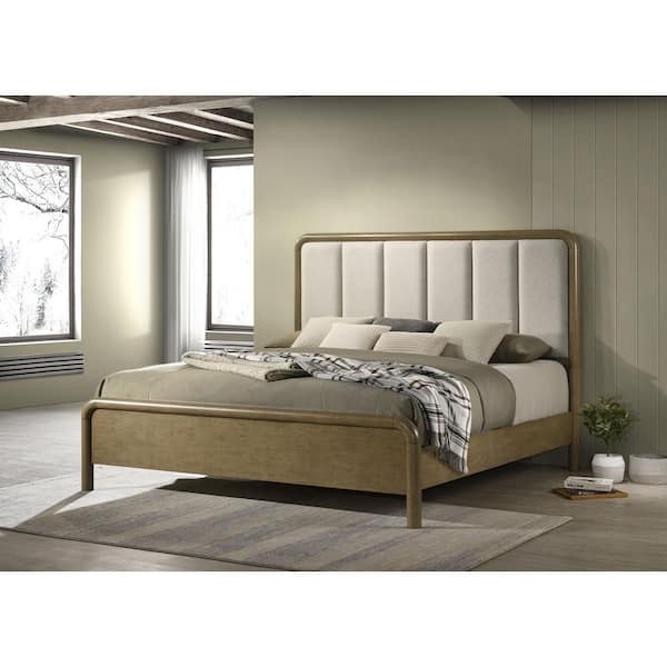 Coaster Amsbury Nutmeg and Beige Wood Frame Eastern King Panel Bed with Vertical Channeled Upholstered Headboard